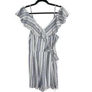 New Entro L Blue White Striped Cold Shoulder Ruffle Romper Tie Waist Playsuit